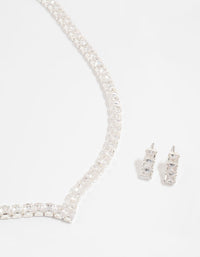 Silver Cubic Zirconia Thick V Necklace & Earrings Set - link has visual effect only