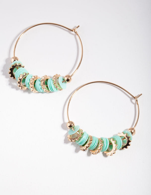 Gold Turquoise Half Flat Bead Hoop Earrings