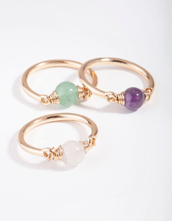 Gold Semi-Precious Sphere 3-Stack Ring