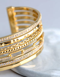 18ct Gold Plated Brass Cubic Zirconia Multi Row Cuff Bracelet - link has visual effect only