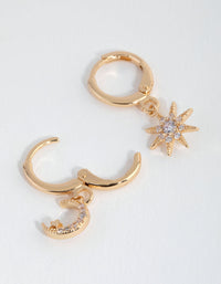 Gold Diamante Mismatched Celestial Huggie Earrings - link has visual effect only