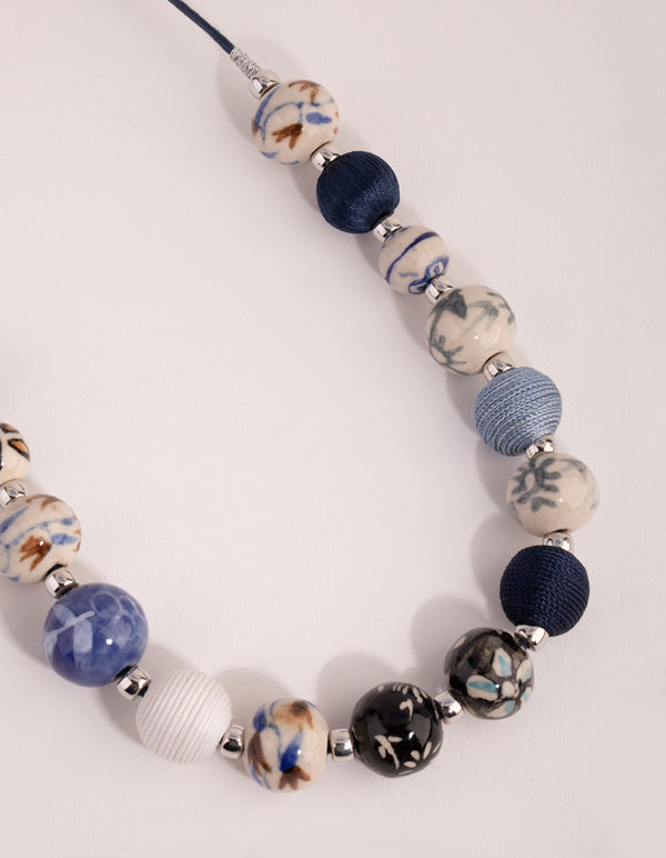 Silver Mixed Porcelain Bead Rope Necklace