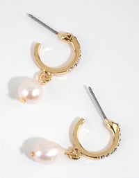 Gold Plated Diamante & Freshwater Pearl Huggie Earrings - link has visual effect only