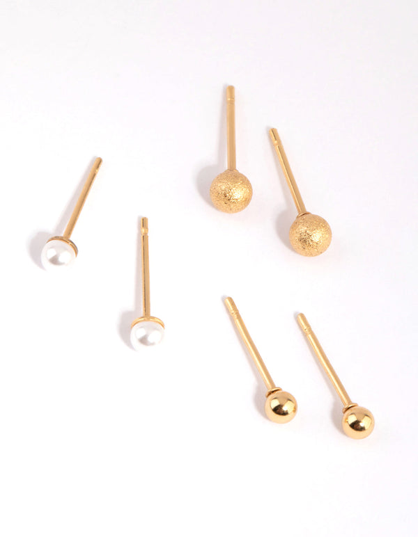 Gold Plated Surgical Steel Textured Ball Stud Earring Pack
