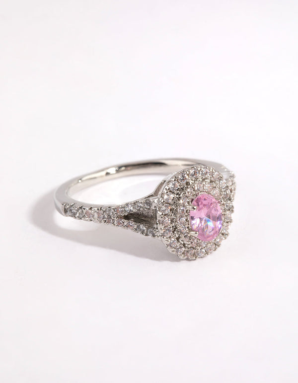 Rhodium Pink Diamond Simulant Oval Halo Ring