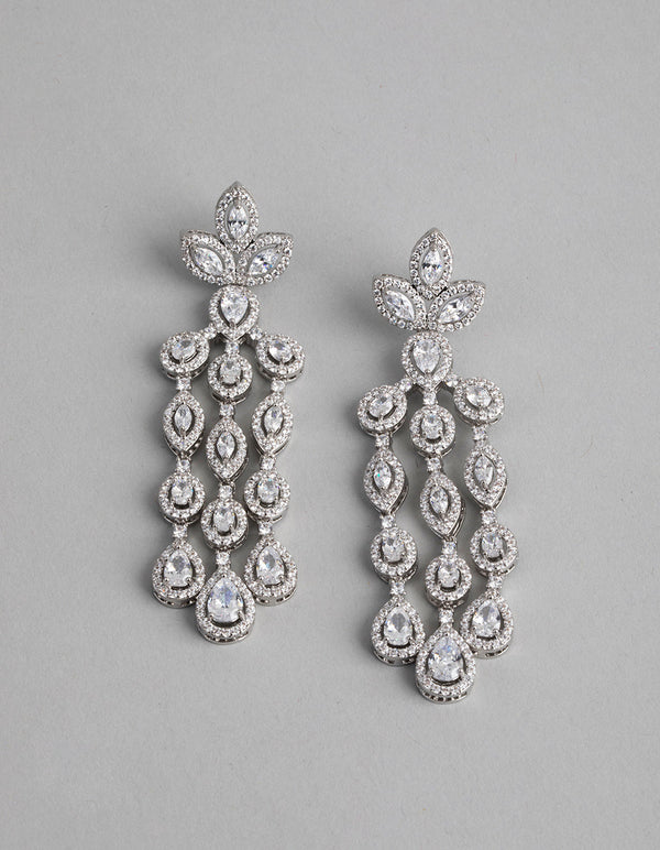 Rhodium Cubic Zirconia Triple Strand Drop Earrings