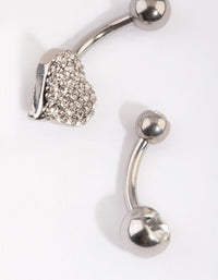 Rhodium Heart & Diamante Belly Ring Set - link has visual effect only