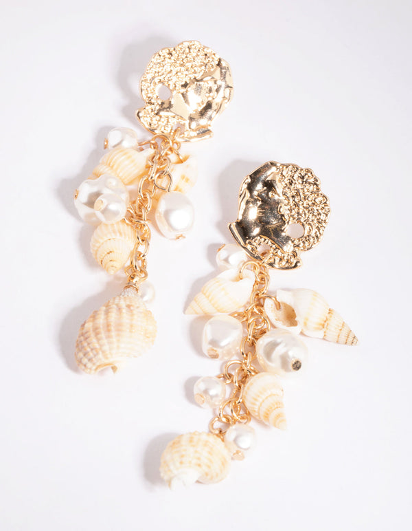 Gold Shell & Pearl Drop Earrings