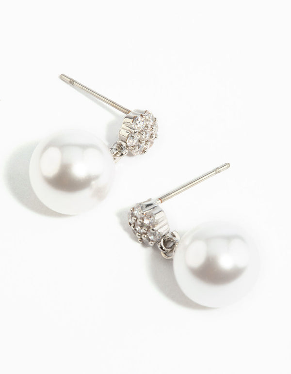 Rhodium Cubic Zirconia Pearl Drop Earrings - Lovisa