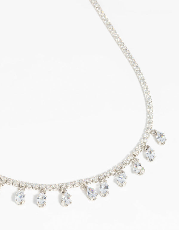 Rhodium Diamond Simulant Teardrop Necklace