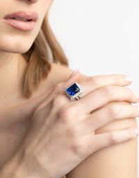 Rhodium Cubic Zirconia Blue Asscher Ring - link has visual effect only