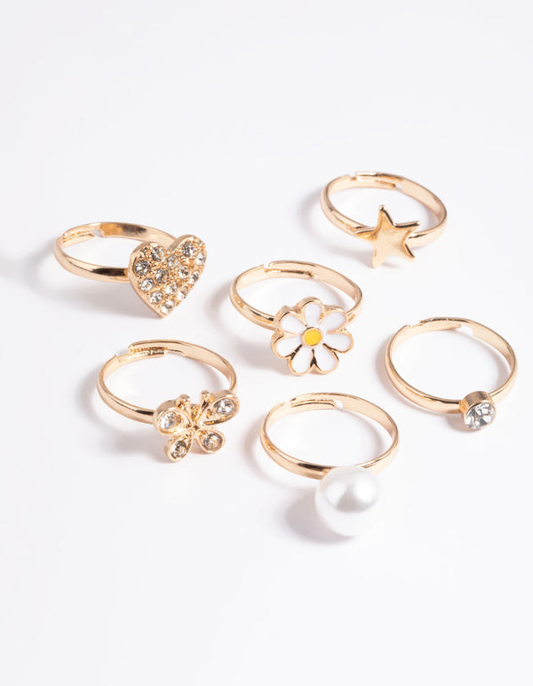 Kids Diamante & Daisy Ring 6-Pack