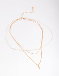 Gold Pearly Mix Chain 3 Row Necklace - link has visual effect only