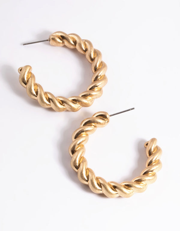 Worn Gold Twisted Medium Hoop Earrings