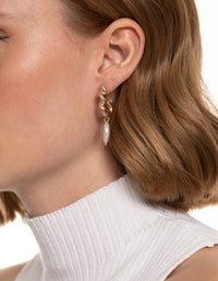 Worn Gold Twist Hoop Pearl Drop Earrings - link has visual effect only