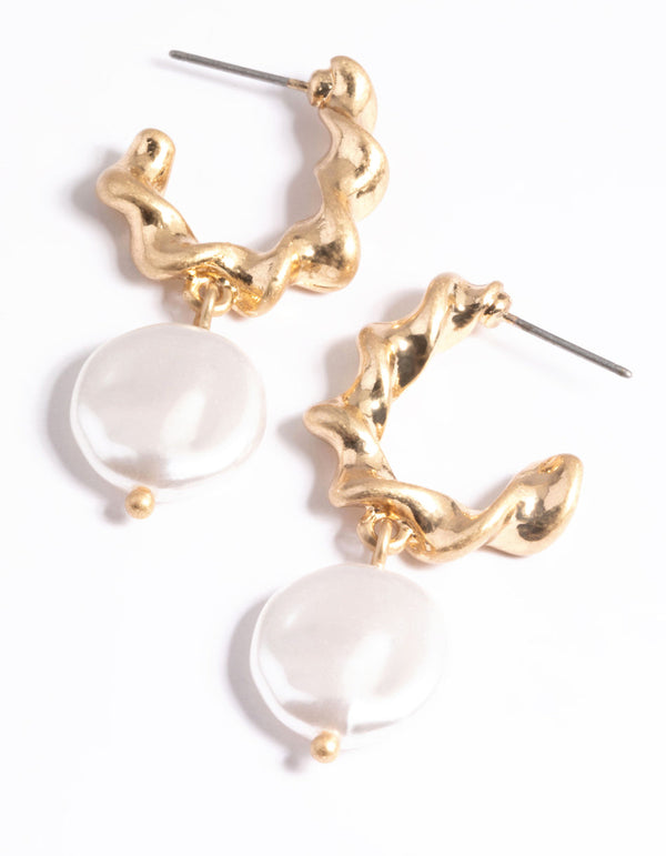 Worn Gold Twist Hoop Pearl Drop Earrings