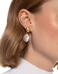 Worn Gold Dome Pearl Drop Earrings - link has visual effect only