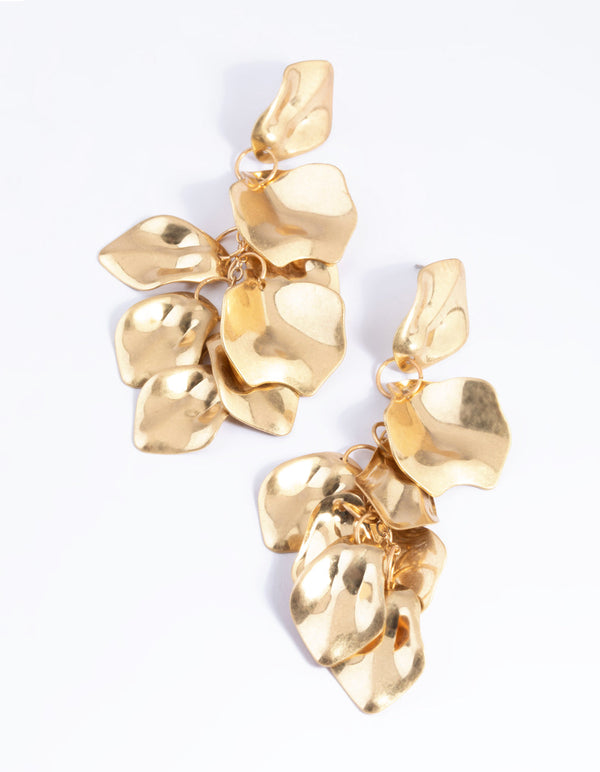 Worn Gold Metal Petal Drop Earrings