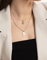 Worn Gold Green Teardrop & Disc Necklace - link has visual effect only