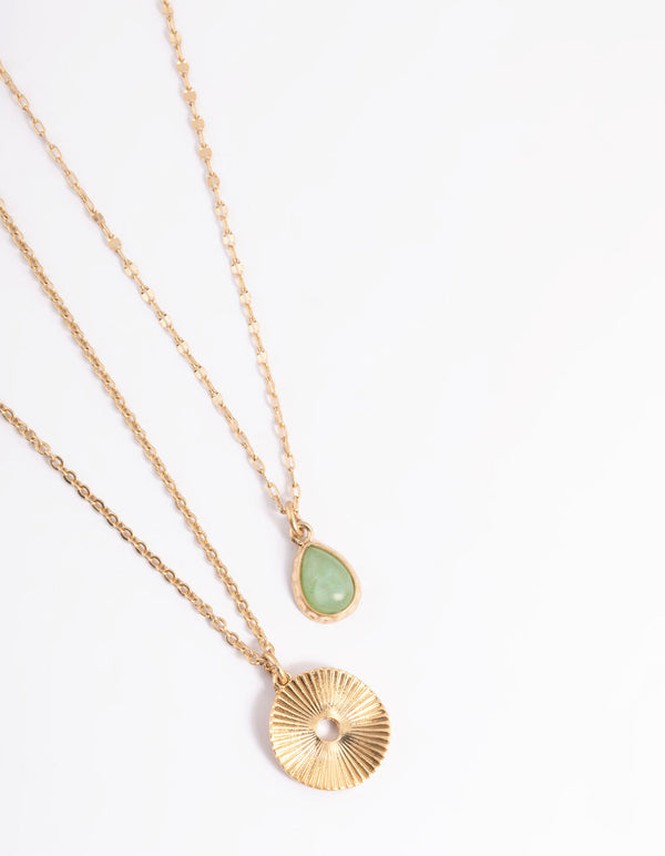 Worn Gold Green Teardrop & Disc Necklace