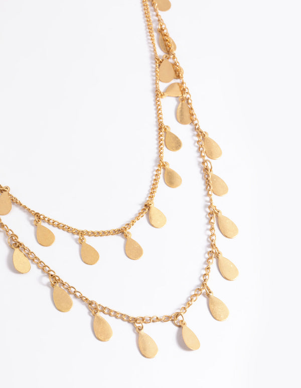 Worn Gold Multi Disc Drop 2 Layer Necklace