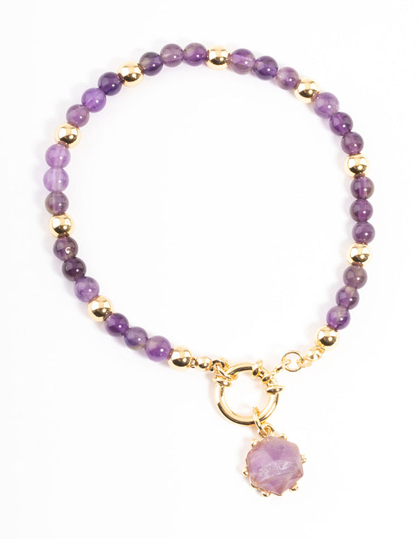 Gold Plated Amethyst Ball Bead Stretch Bracelet