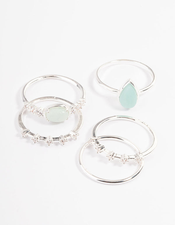 Silver Plated Amazonite Cubic Zirconia Dainty Stack Ring