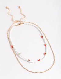 Gold Cherry White Bead 2-Row Necklace - link has visual effect only