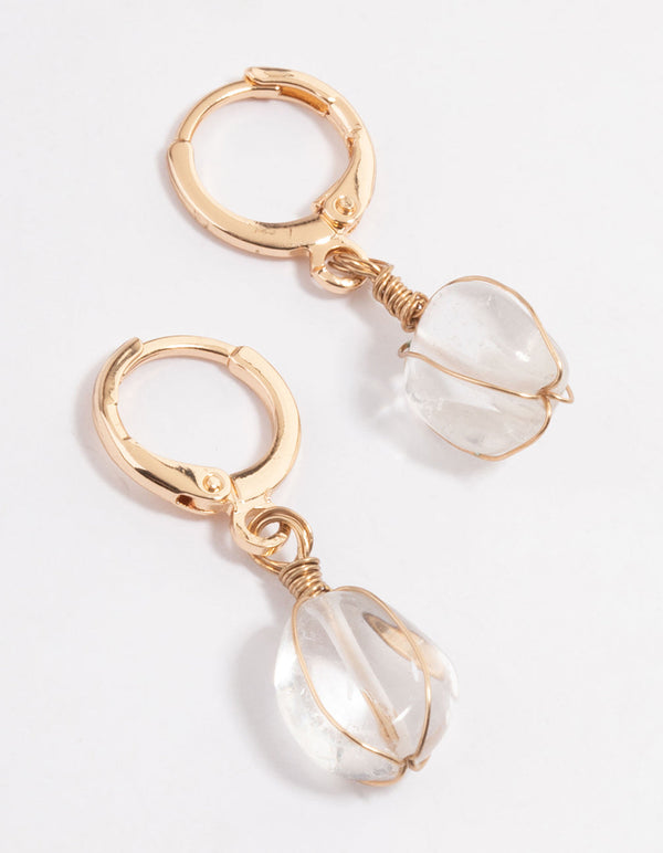 Gold Clear Quartz Wire Wrap Huggie Earrings