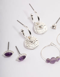 Silver Amethyst Evil Eye Diamante Earrings Stack - link has visual effect only