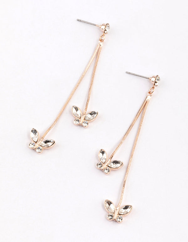 Rose Gold Diamante Butterfly Long Drop Earrings