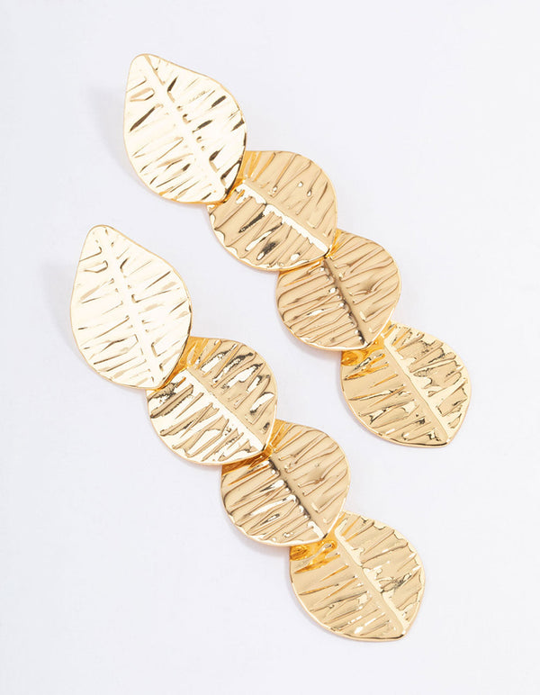 Gold Plated Brass Quad Leaf Drop Earrings