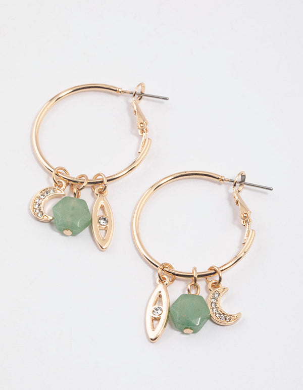 Gold Green Aventurine Eye Charm Hoop Earrings