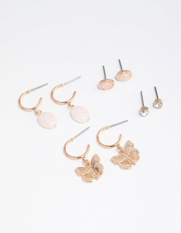 Gold Rose Quartz Butterfly Stacker Earrings