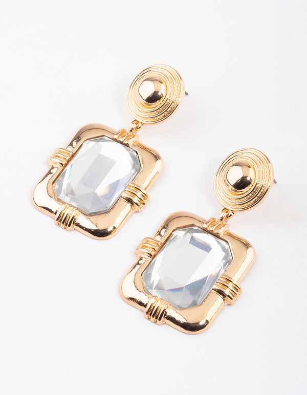 Gold Framed Square Crystal Drop Earrings