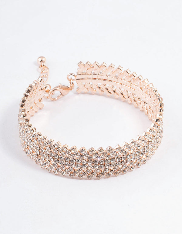 Rose Gold Spiky Four Row Diamante Bangle Cuff