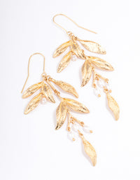 Gold Dainty Leaf & Pearl Drop Earrings - link has visual effect only