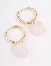 Gold Rose Quartz Square Pendant Huggie Earrings - link has visual effect only