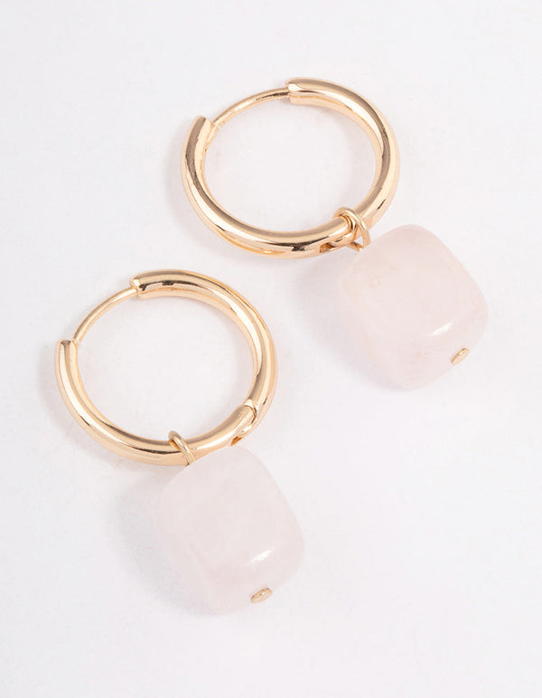 Gold Rose Quartz Square Pendant Huggie Earrings