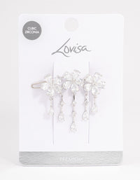 Rhodium Cubic Zirconia Triple Flower Droplet Hair Clips Pack - link has visual effect only