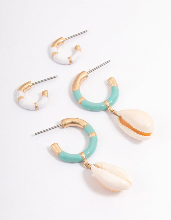 Gold Enamel Shell Hoop Earring Pack