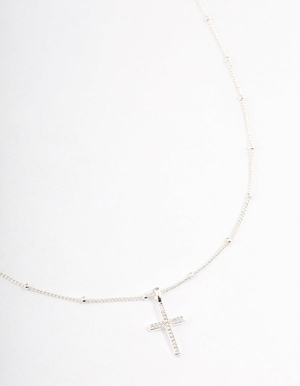 Silver Plated Cubic Zirconia Pave Cross Necklace