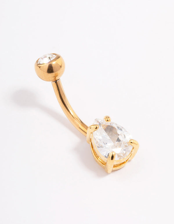 Gold Plated Surgical Steel Cubic Zirconia Bezel & Pear Belly Ring