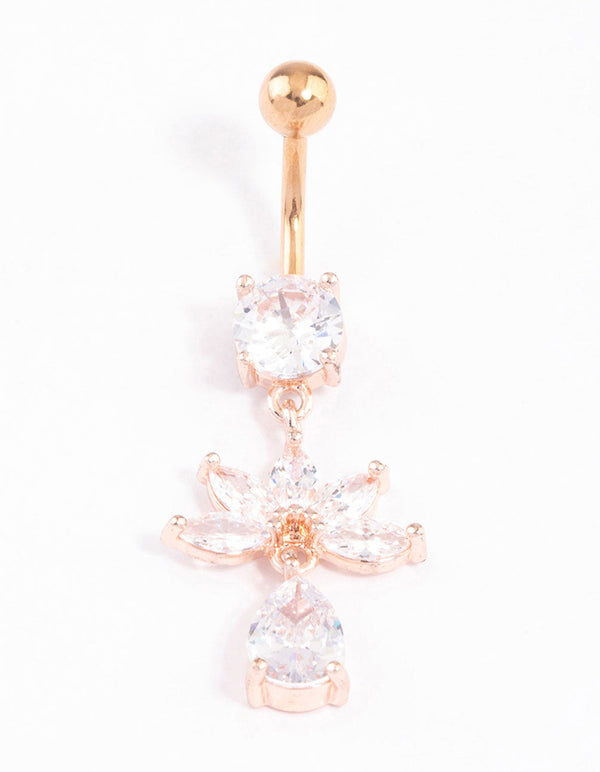 Rose Gold Plated Surgical Steel Cubic Zirconia Fan Drop Belly Ring