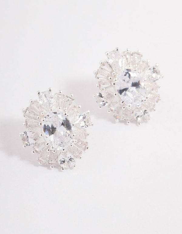 Silver Plated Cubic Zirconia Oval Halo Stud Earrings