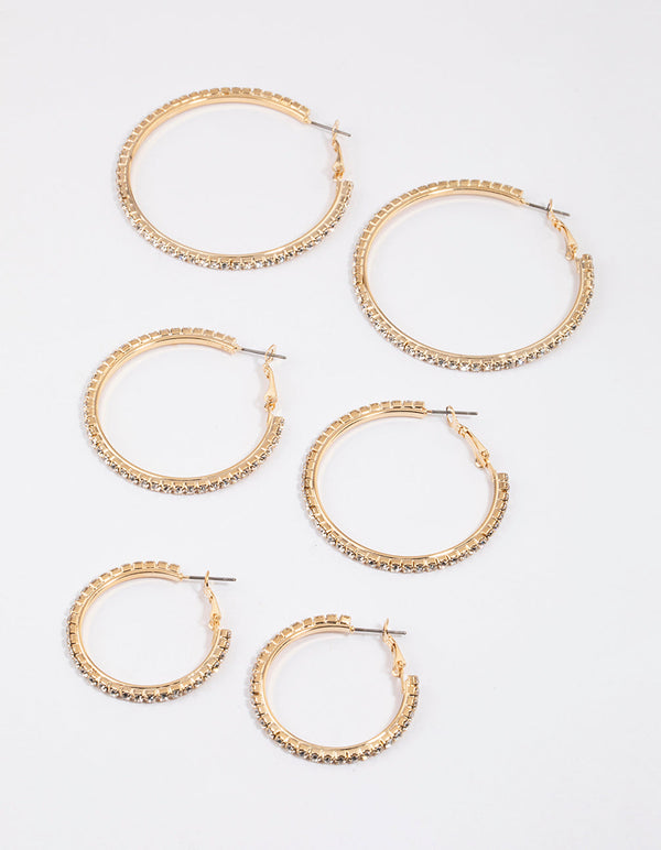 Gold Mixed Size Diamante Hoop Earrings