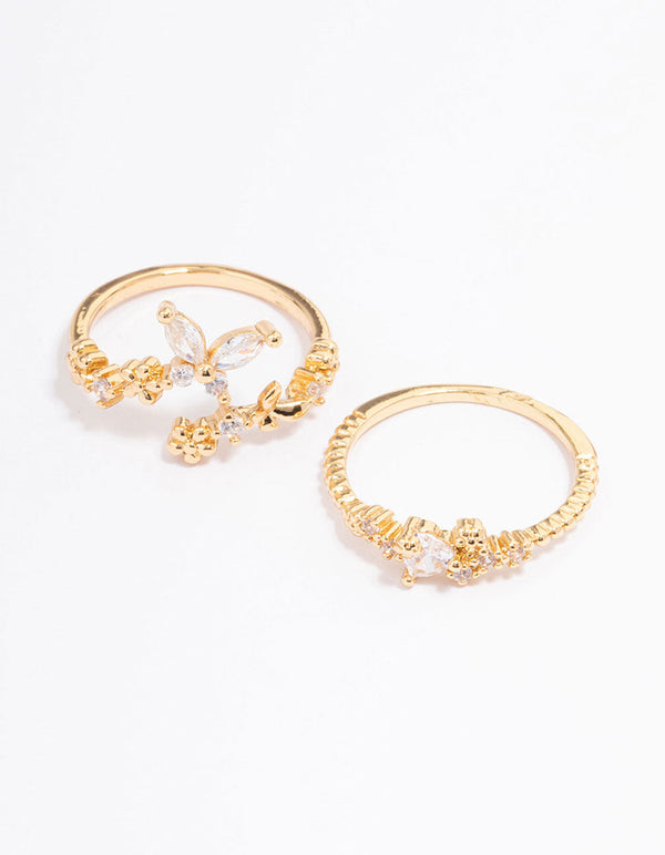 Gold Plated Floral Stone Ring Pack