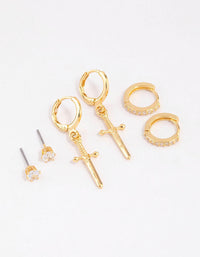 Gold Plated Cubic Zirconia Dagger Huggie Earrings Pack - link has visual effect only