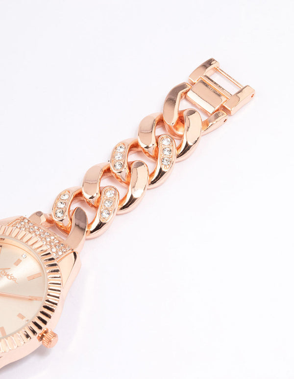 Rose Gold Coloured Chunky Crystal Chain Watch Lovisa