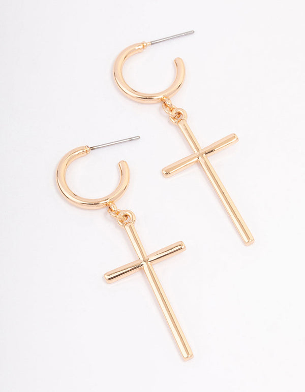 Gold Huggie Cross Pendant Earrings